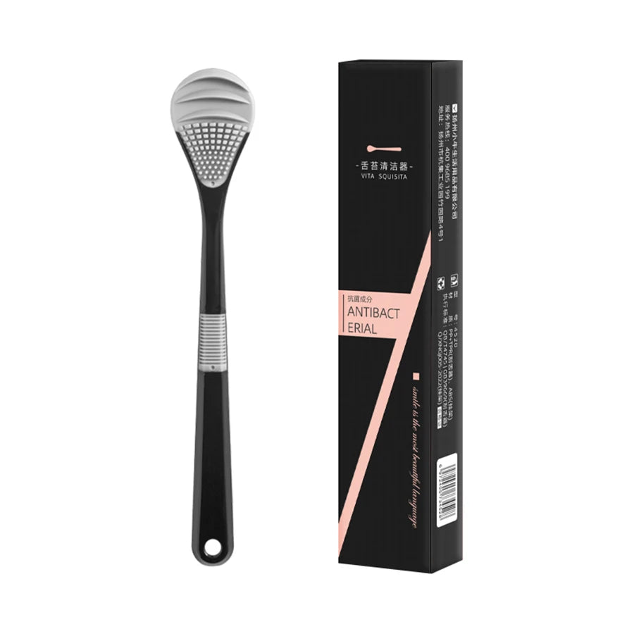Black and white double color tongue cleaner  soft rubber tongue scraper handle non-slip design independent box sent