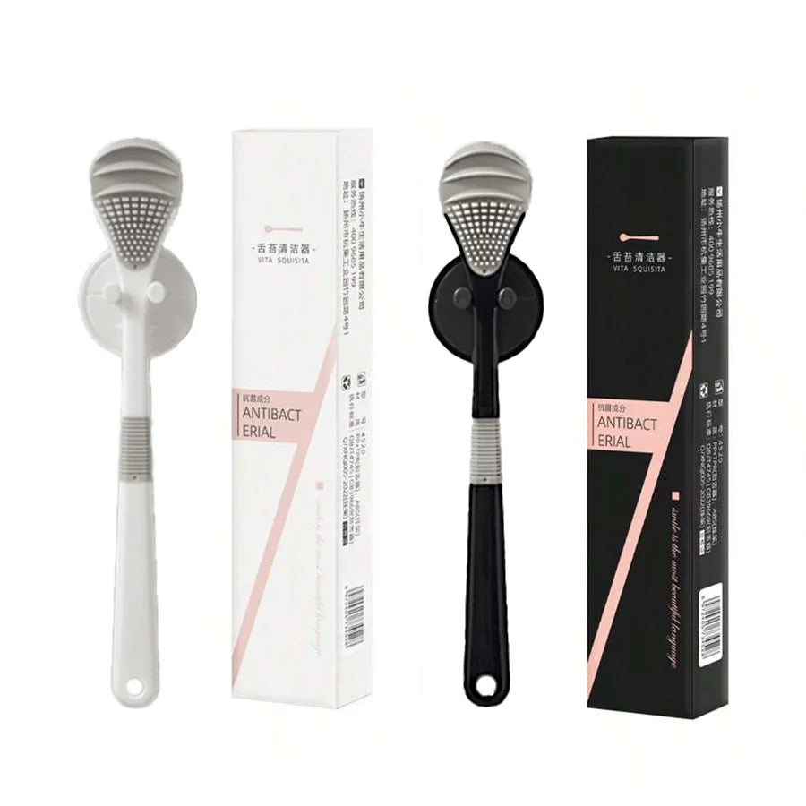 Black and white double color tongue cleaner  soft rubber tongue scraper handle non-slip design independent box sent